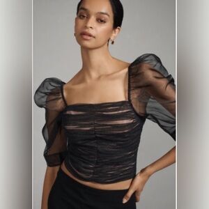 Anthropologie Black Sheer Puff Sleeve Smocked Top